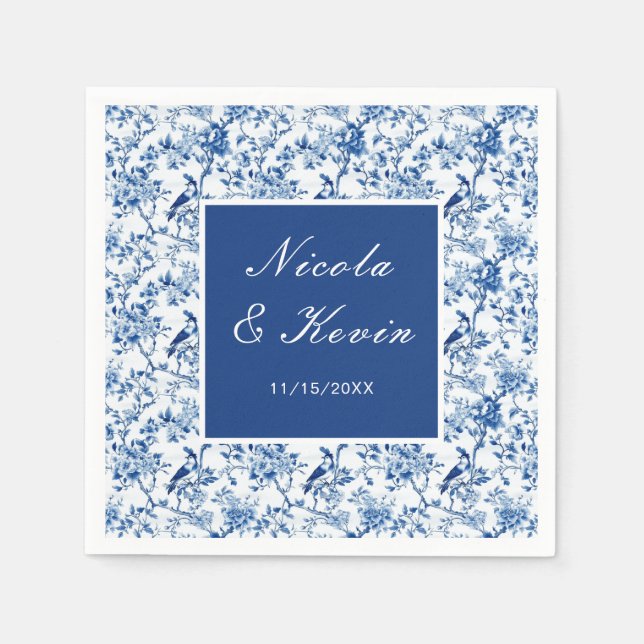 Chinoiserie Blue Birds and Flowers Wedding Napkin (Front)