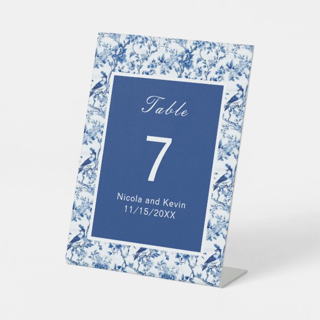 Chinoiserie Blue Birds and Flowers Wedding Pedestal Sign (Front)