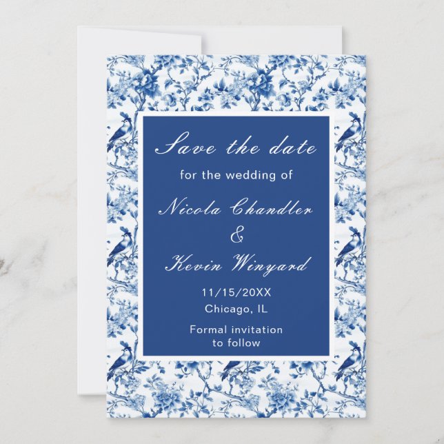 Chinoiserie Blue Birds and Flowers Wedding Save The Date (Front)