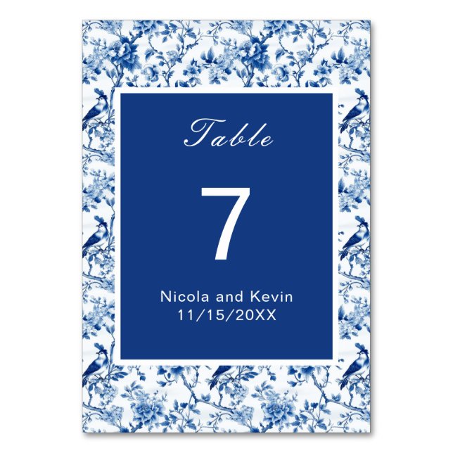Chinoiserie Blue Birds and Flowers Wedding Table Number (Front)