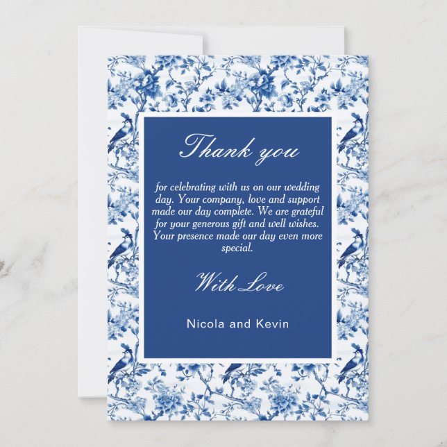 Chinoiserie Blue Birds and Flowers Wedding Thank You Card (Front)