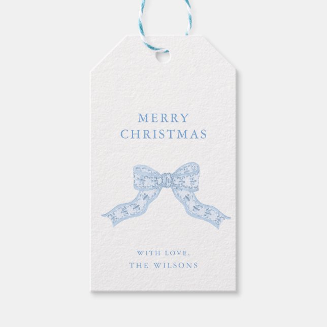 Chinoiserie Blue Bow Ribbon Christmas Gift Tag (Front)