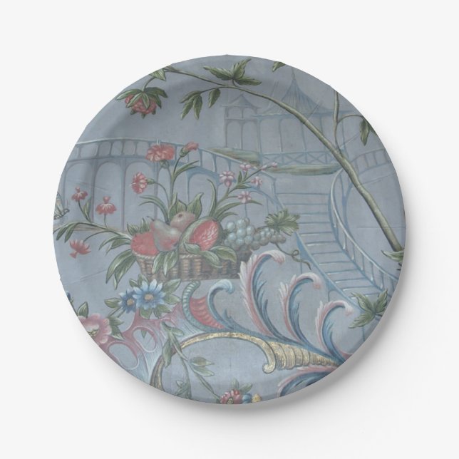 Chinoiserie Blue China Floral Antique Garden Pink Paper Plate (Front)