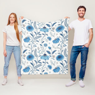 Chinoiserie Blue Echinacea Pattern Fleece Blanket