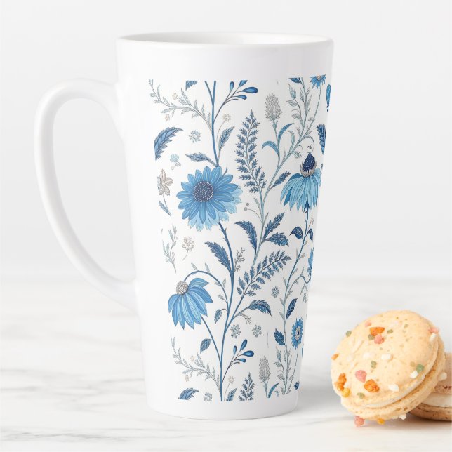 Chinoiserie Blue Echinacea Pattern Latte Mug (In Situ)