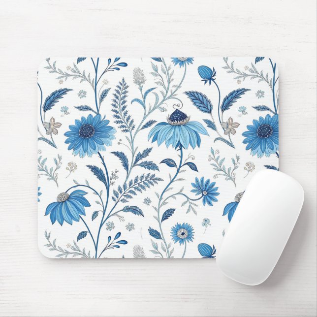 Chinoiserie Blue Echinacea Pattern Mouse Mat (With Mouse)
