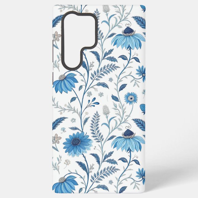 Chinoiserie Blue Echinacea Pattern Samsung Galaxy S22 Ultra Case (Back)