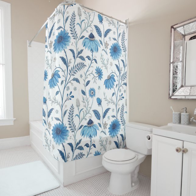 Chinoiserie Blue Echinacea Pattern Shower Curtain (In Situ)