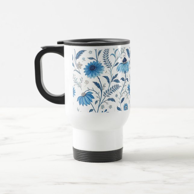 Chinoiserie Blue Echinacea Pattern Travel Mug (Left)