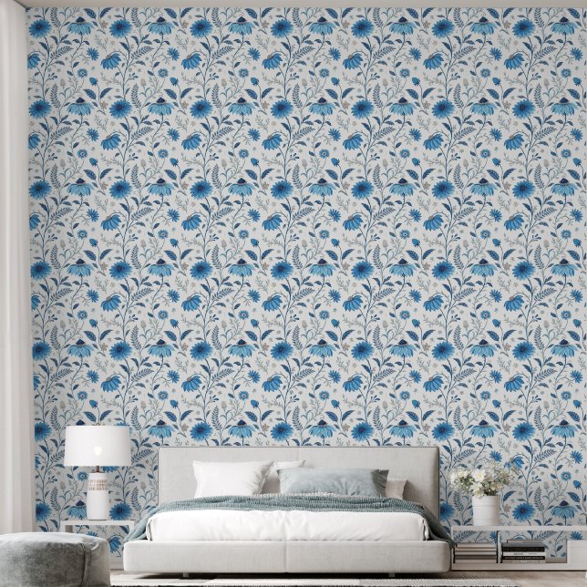 Chinoiserie Blue Echinacea Pattern Wallpaper (Bedroom)