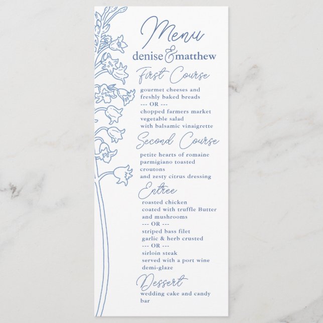 Chinoiserie Blue Elegant Pagoda and Floral Toile Menu (Front)