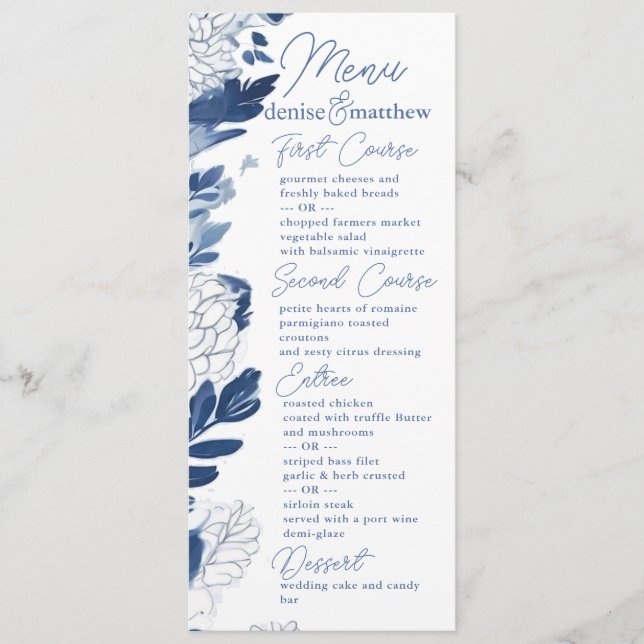Chinoiserie Blue Elegant Pagoda and Floral Toile Menu (Front)