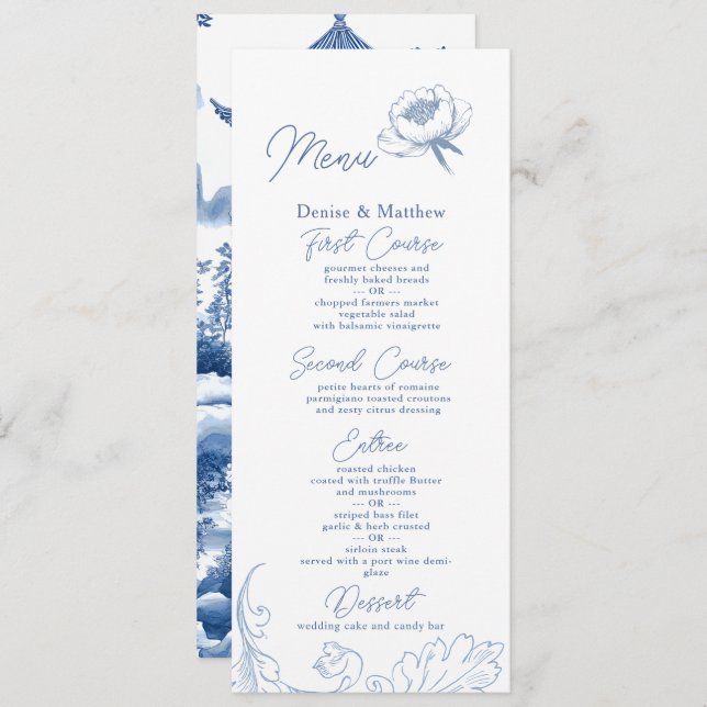Chinoiserie Blue Elegant Pagoda and Floral Toile Menu (Front/Back)
