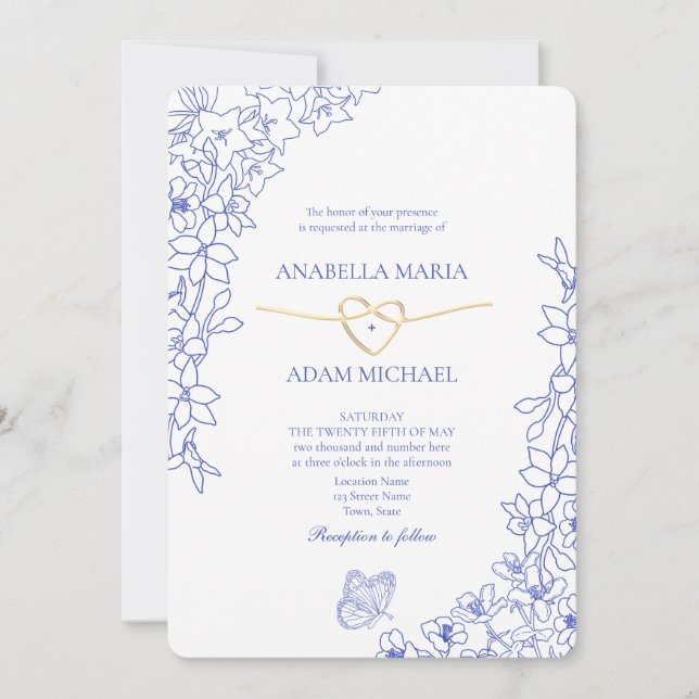 Chinoiserie Blue Floral Gold Heart Wedding Invitation (Front)