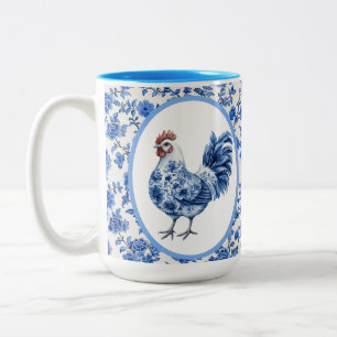 Chinoiserie Blue Floral With Rooster   Two-Tone Coffee Mug