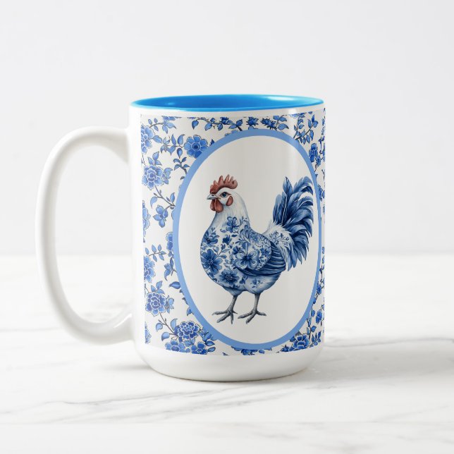 Chinoiserie Blue Floral With Rooster   Two-Tone Coffee Mug (Left)