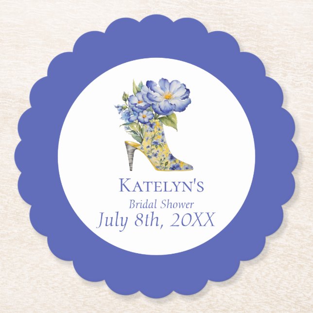 Chinoiserie blue High-Heel Shoe Bridal Shower  Paper Coaster (Front)