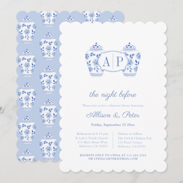 Chinoiserie Blue Monogram Wedding Rehearsal Dinner Invitation (Front/Back)