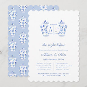 Chinoiserie Blue Monogram Wedding Rehearsal Dinner Invitation
