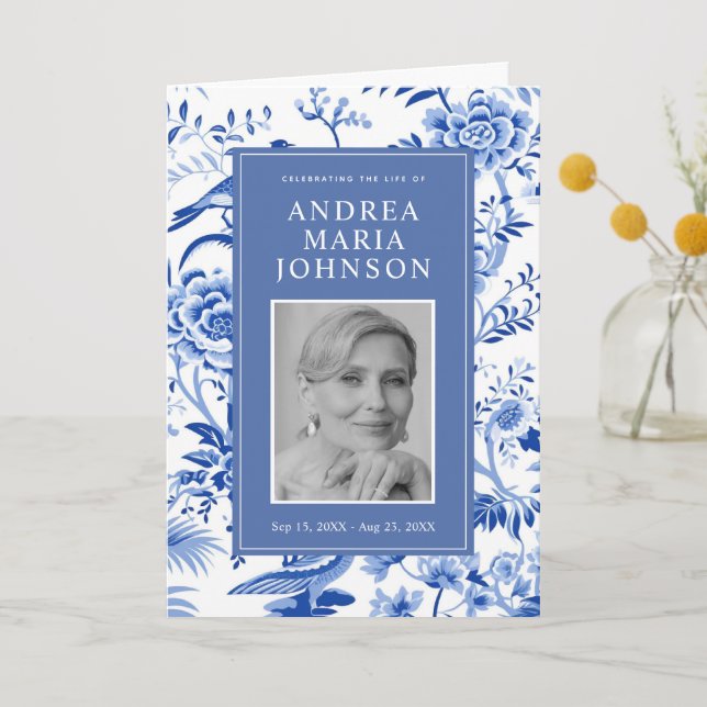 Chinoiserie Blue Order Of Service Funeral Program Thank You Card (Front)