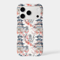 Chinoiserie Blue Pagoda Pink Blossom Floral