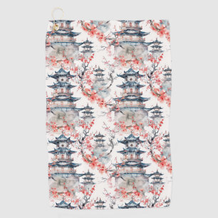 Chinoiserie Blue Pagoda Pink Blossom Floral Golf Towel