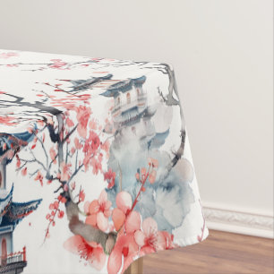Chinoiserie Blue Pagoda Pink Blossom Floral Tablecloth