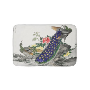 Chinoiserie Blue Peacock Pink Peony Botanical Art Bath Mat