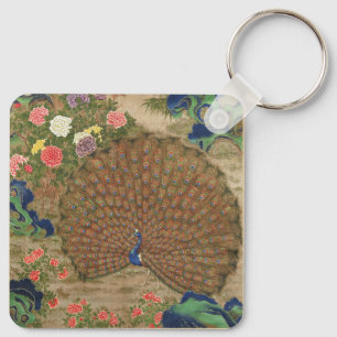 Chinoiserie Blue Peacock with Exotic Flower Garden Key Ring
