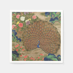 Chinoiserie Blue Peacock with Exotic Flower Garden Napkin