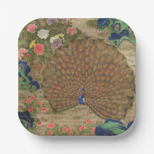 Chinoiserie Blue Peacock with Exotic Flower Garden Paper Plate
