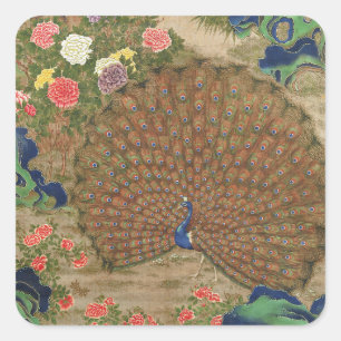 Chinoiserie Blue Peacock with Exotic Flower Garden Square Sticker