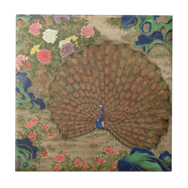 Chinoiserie Blue Peacock with Exotic Flower Garden Tile (Front)