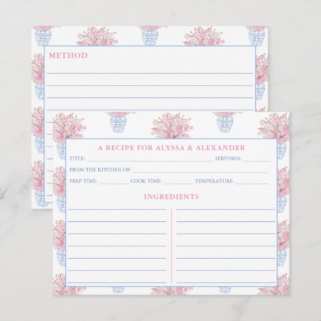 Chinoiserie Blue & Pink Bridal Shower Recipe Card (Front/Back)