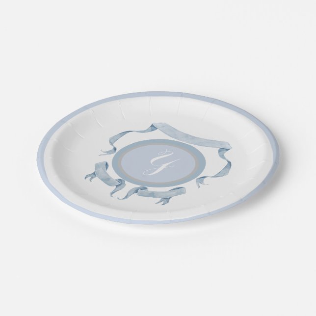 Chinoiserie Blue Ribbons Logo Crest  Paper Plate (Angled)