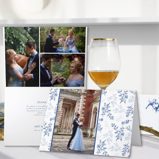 Chinoiserie Blue Romantic Elegance 4 Photo Wedding Thank You Card (Wedding Photo thank you cards from the Chinoiserie Wedding Collection by Darling & May)