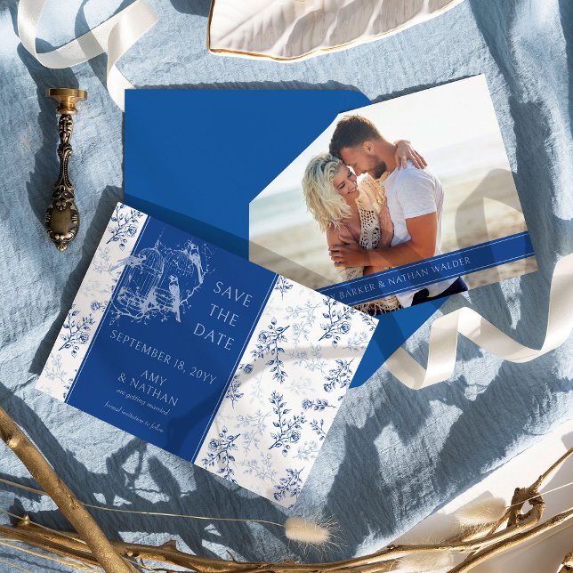 Chinoiserie Blue Romantic Elegance Photo Wedding Save The Date (Blue Floral Photo Save the Date from the Chinoiserie Wedding Collection by Darling & May)