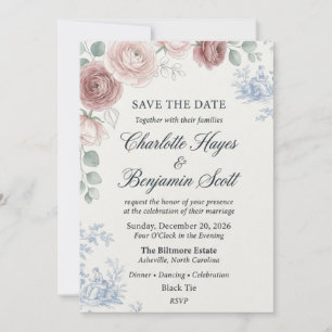 Chinoiserie Blue Toile and Dusty Rose Floral Invitation