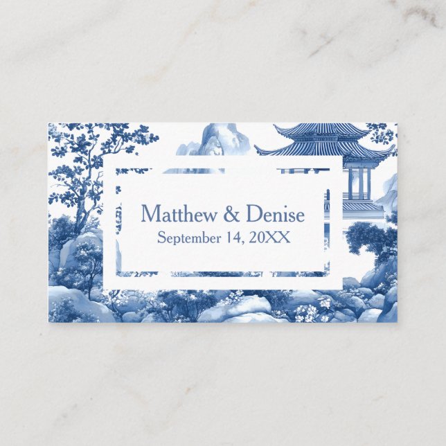 Chinoiserie Blue Toile Elegant Pagoda Wedding RSVP Enclosure Card (Back)