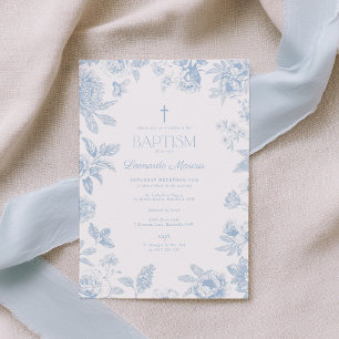 Chinoiserie Blue Toile Floral Baptism Invitation