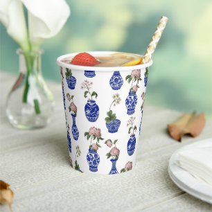 Chinoiserie blue vases and flowers  paper cups