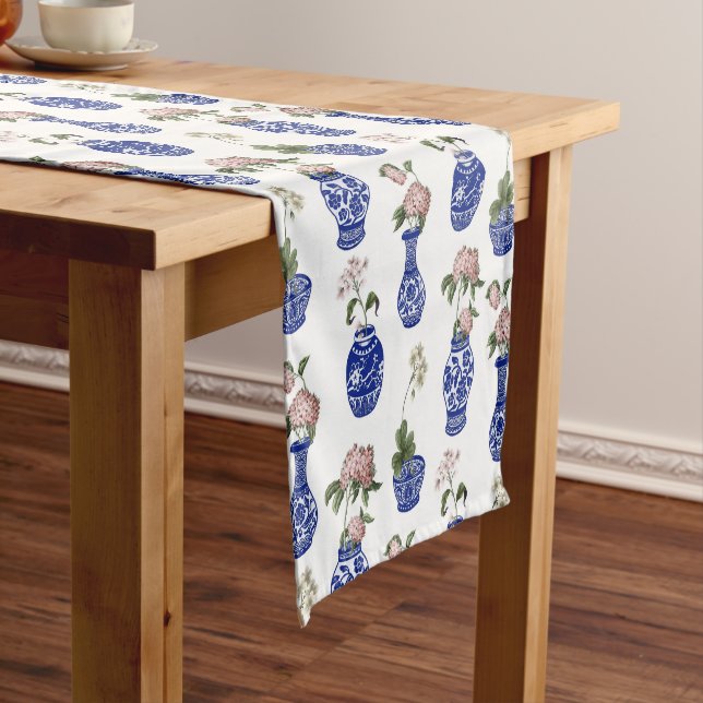 Chinoiserie blue vases and flowers  short table runner (In Situ)