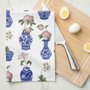 Chinoiserie blue vases and flowers  tea towel