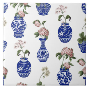 Chinoiserie blue vases and flowers tile
