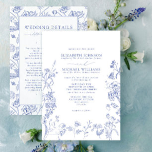 Chinoiserie Blue Victorian Floral Details Wedding Invitation
