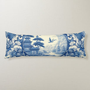 Chinoiserie Blue White Asian Pagoda Lake Cranes Body Cushion