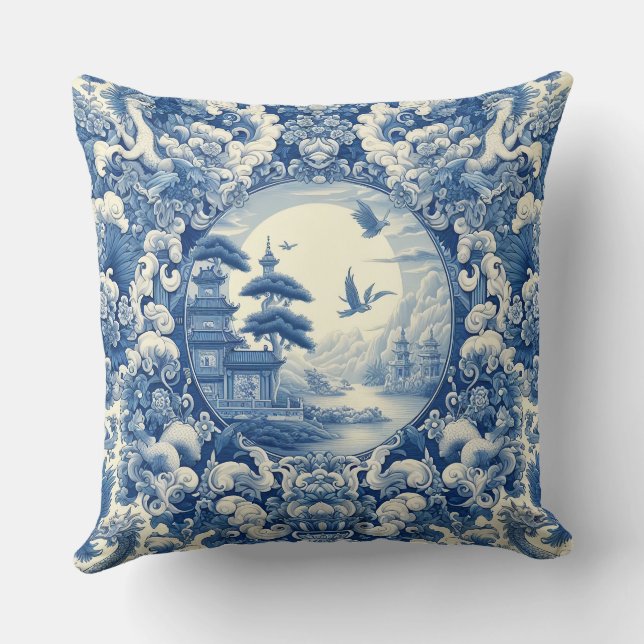 Chinoiserie Blue White Asian Pagoda Lake Cranes Cushion (Back)