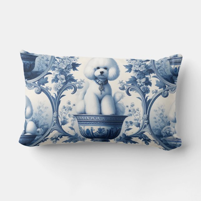 Chinoiserie blue & white Bichon Frise  Lumbar Cushion (Back)
