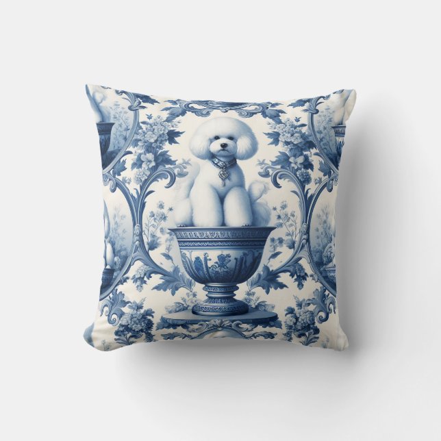 Chinoiserie Blue & White Bichon Frise Throw Pillow (Front)