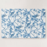 Chinoiserie Blue White Bird Floral Asian Influence Jigsaw Puzzle<br><div class="desc">Classic design perfect for the "Coastal Grandmother" decor trend.  Blue and White Chinoiserie style floral design was inspired by ancient Japanese and Chinese pottery and tile designs.  Watercolor artwork was painted in acrylic by internationally licensed artist and designer,  Audrey Jeanne Roberts,  copyright.</div>